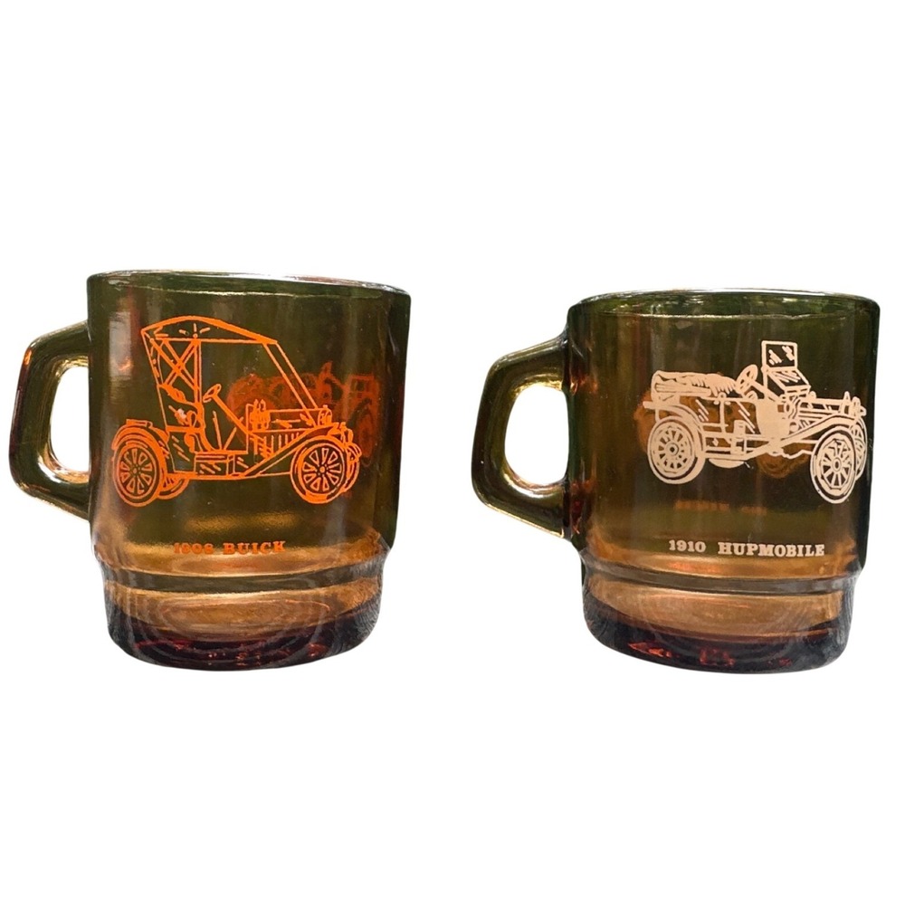 Vintage Anchor Hocking Fire King Amber Glass Antique Car Mugs 1908 Buick 1910